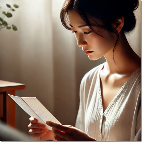 DALL·E 2024-09-01 14.42.50 - A realistic photograph of a Japanese woman receiving a spiritual message, reflecting deep contemplation and serenity. The woman is sitting quietly, pe