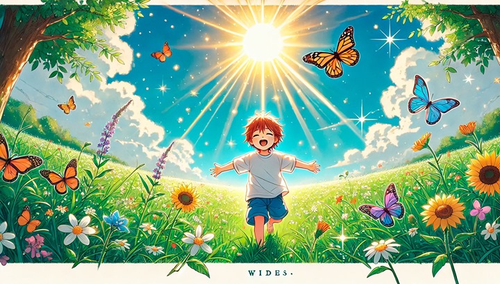 DALL·E 2025-01-25 13.06.52 - An anime-style illustration depicting a child experiencing simple joys of life. The scene shows a joyful child playing in a grassy field under a brigh